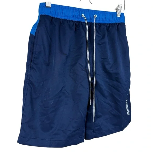 Speedo Mens Swim Trunks Dark Blue Bright Blue Color Block Drawstring Size Small - Picture 2 of 9